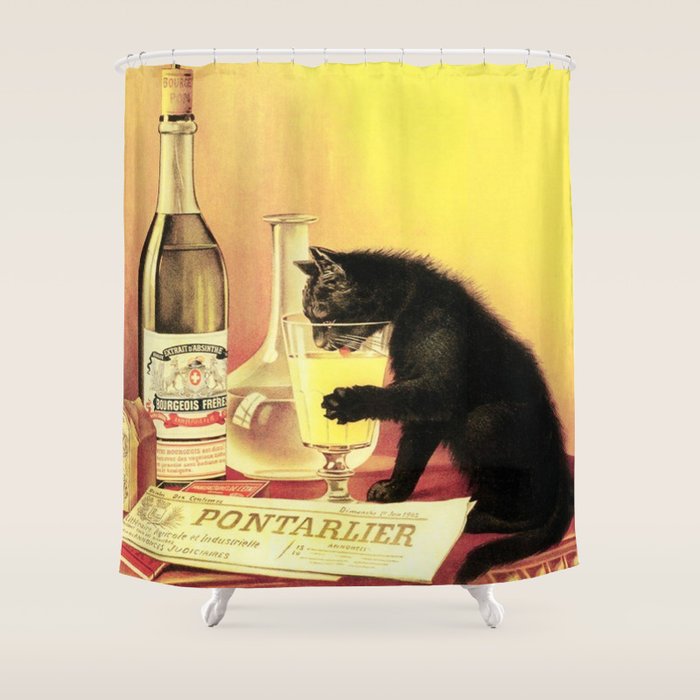 Absinthe Bourgeois Black Cat Vintage Shower Curtain Gallery Image 1