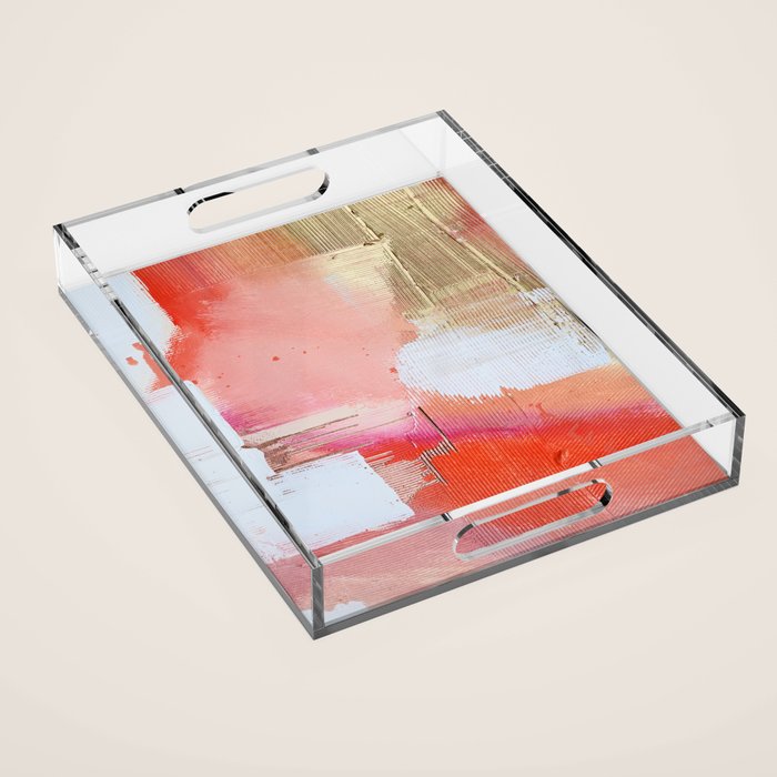 Moving Mountains: a minimal, abstract piece in reds and gold by Alyssa Hamilton Art Acrylic Tray Gallery Image 1