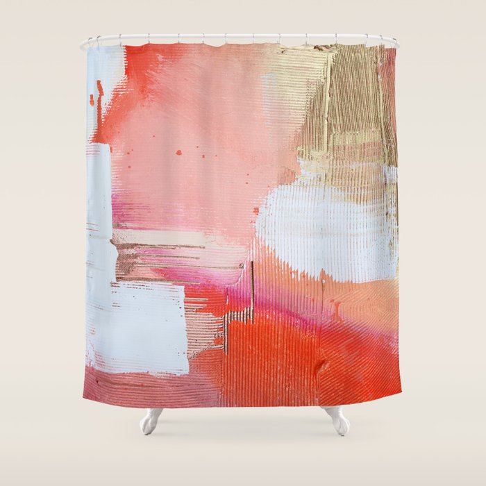 Moving Mountains: a minimal, abstract piece in reds and gold by Alyssa Hamilton Art Shower Curtain Gallery Image 1