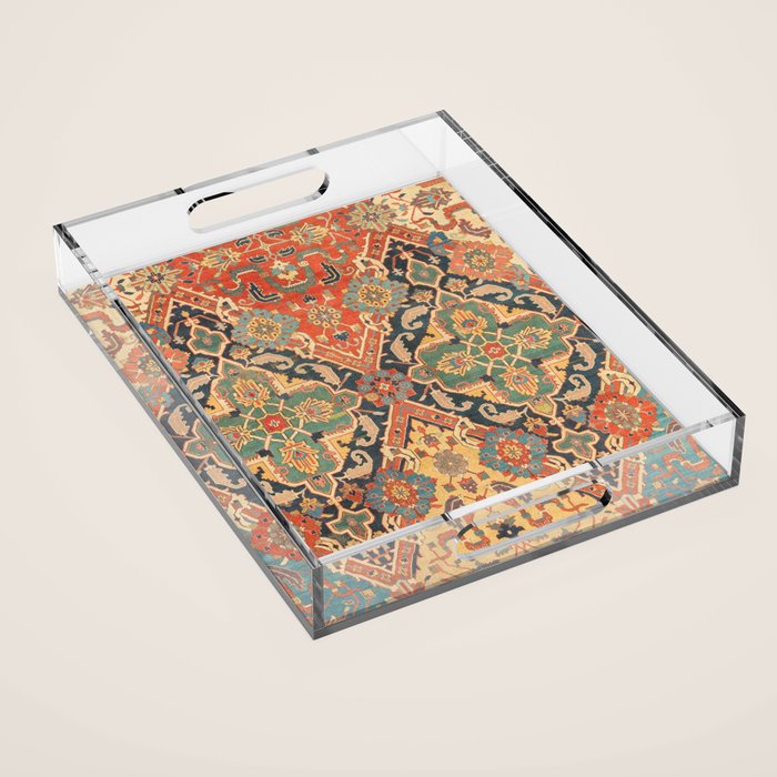 Geometric Leaves VIII // 18th Century Distressed Red Blue Green Colorful Ornate Accent Rug Pattern Acrylic Tray Gallery Image 1