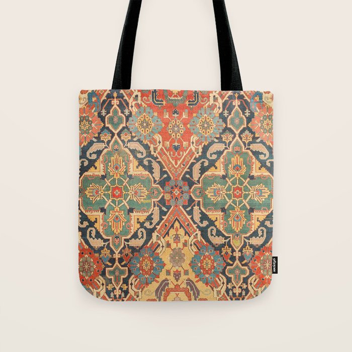 Geometric Leaves VIII // 18th Century Distressed Red Blue Green Colorful Ornate Accent Rug Pattern Tote Bag Gallery Image 1
