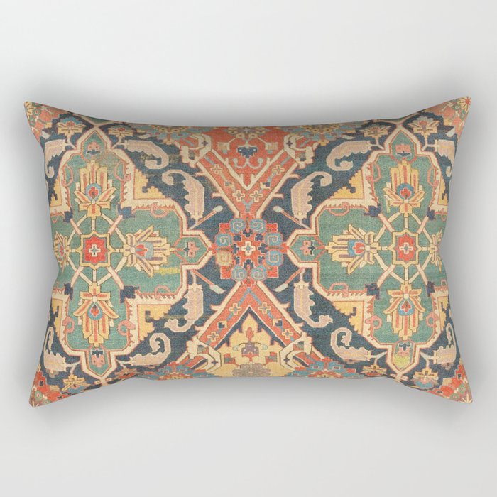 Geometric Leaves VIII // 18th Century Distressed Red Blue Green Colorful Ornate Accent Rug Pattern Rectangular Pillow Gallery Image 2