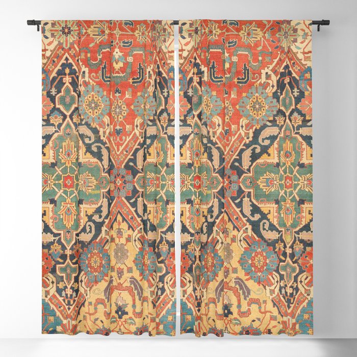 Geometric Leaves VIII // 18th Century Distressed Red Blue Green Colorful Ornate Accent Rug Pattern Window Curtain Gallery Image 1
