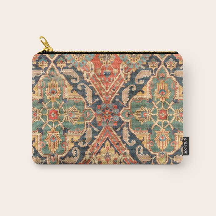 Geometric Leaves VIII // 18th Century Distressed Red Blue Green Colorful Ornate Accent Rug Pattern Carry All Pouch Gallery Image 1
