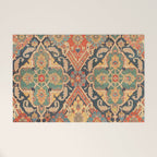 Geometric Leaves VIII // 18th Century Distressed Red Blue Green Colorful Ornate Accent Rug Pattern Welcome Mat Gallery Image 1