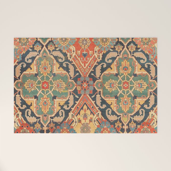 Geometric Leaves VIII // 18th Century Distressed Red Blue Green Colorful Ornate Accent Rug Pattern Welcome Mat Gallery Image 1