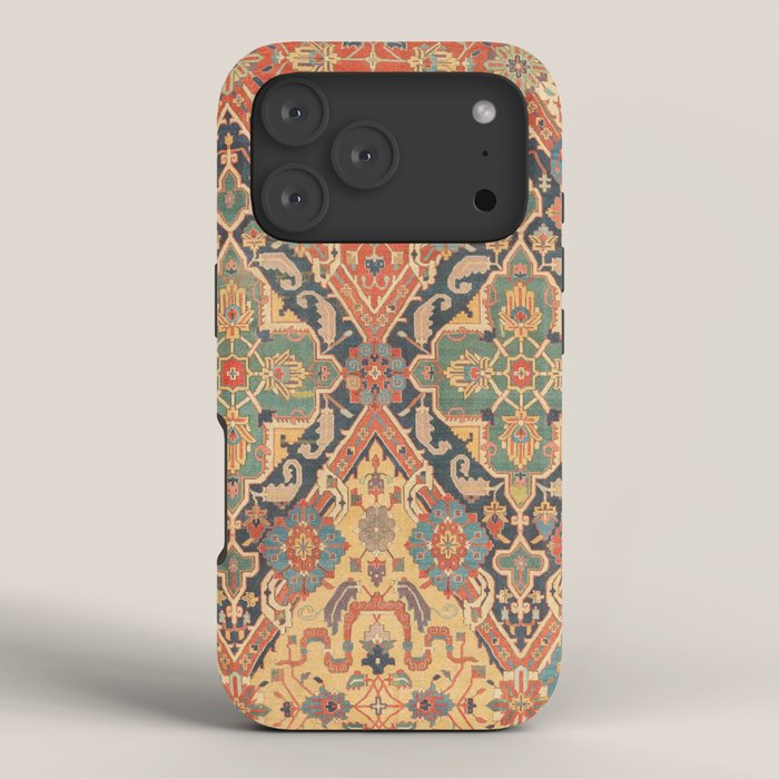 Geometric Leaves VIII // 18th Century Distressed Red Blue Green Colorful Ornate Accent Rug Pattern iPhone Case Gallery Image 3