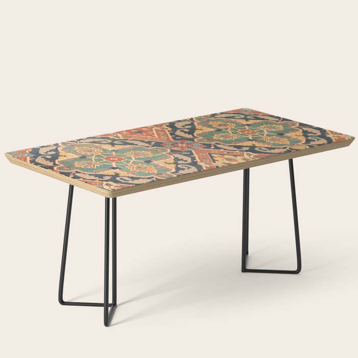 Geometric Leaves VIII // 18th Century Distressed Red Blue Green Colorful Ornate Accent Rug Pattern Coffee Table Gallery Image 1