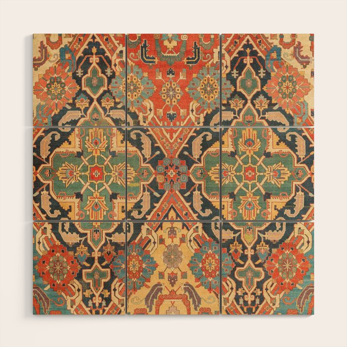 Geometric Leaves VIII // 18th Century Distressed Red Blue Green Colorful Ornate Accent Rug Pattern Wood Wall Art Gallery Image 1