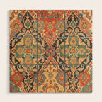 Geometric Leaves VIII // 18th Century Distressed Red Blue Green Colorful Ornate Accent Rug Pattern Wood Wall Art Gallery Image 1