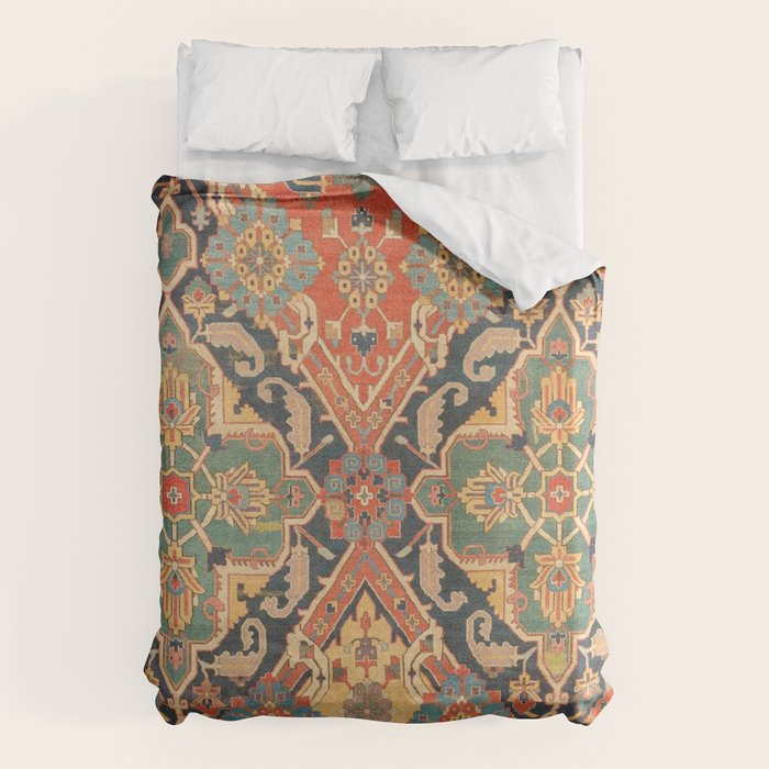 Geometric Leaves VIII // 18th Century Distressed Red Blue Green Colorful Ornate Accent Rug Pattern Duvet Cover Gallery Image 6