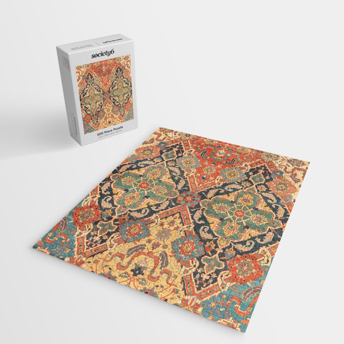 Geometric Leaves VIII // 18th Century Distressed Red Blue Green Colorful Ornate Accent Rug Pattern Jigsaw Puzzle Gallery Image 2