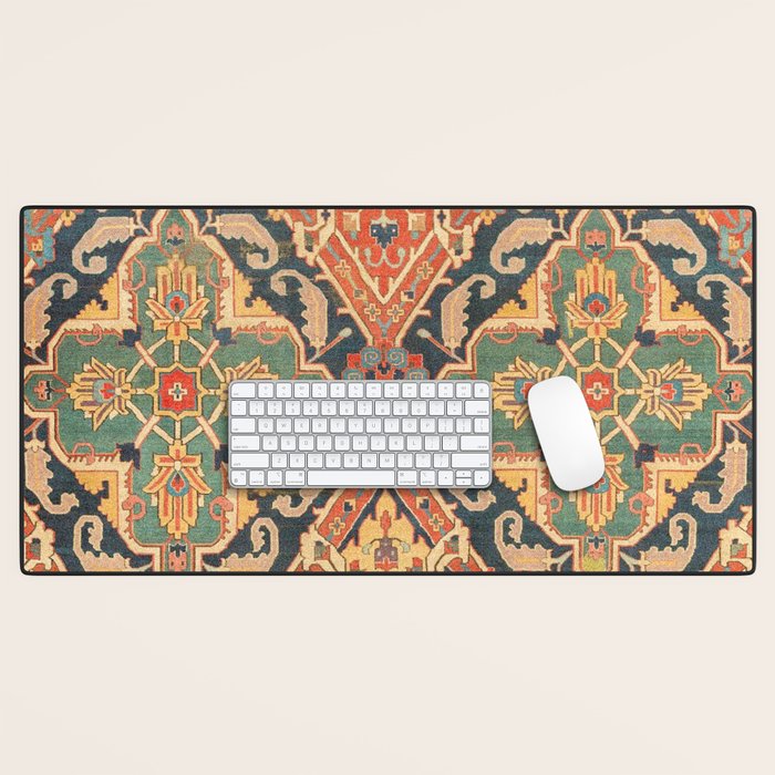 Geometric Leaves VIII // 18th Century Distressed Red Blue Green Colorful Ornate Accent Rug Pattern Desk Mat Gallery Image 1
