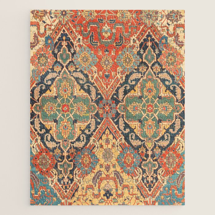 Geometric Leaves VIII // 18th Century Distressed Red Blue Green Colorful Ornate Accent Rug Pattern Jigsaw Puzzle Gallery Image 1