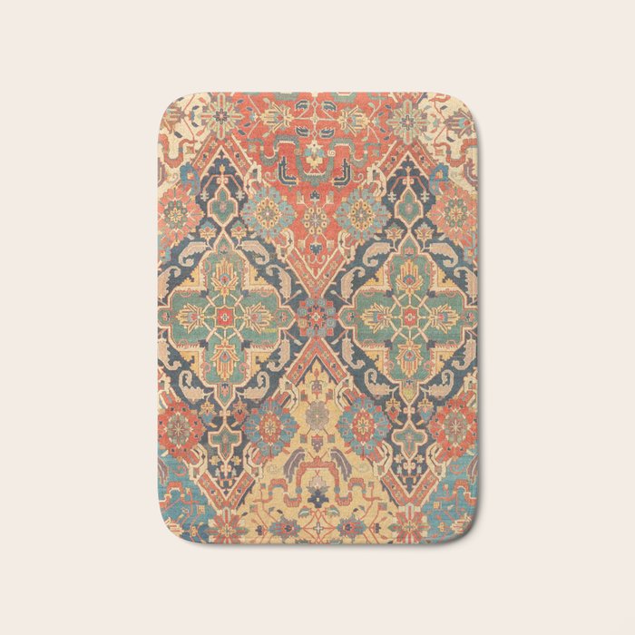 Geometric Leaves VIII // 18th Century Distressed Red Blue Green Colorful Ornate Accent Rug Pattern Bath Mat Gallery Image 1
