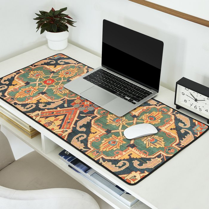 Geometric Leaves VIII // 18th Century Distressed Red Blue Green Colorful Ornate Accent Rug Pattern Desk Mat Gallery Image 2