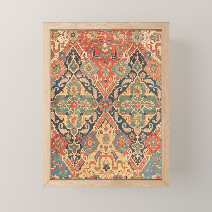 Geometric Leaves VIII // 18th Century Distressed Red Blue Green Colorful Ornate Accent Rug Pattern Mini Art Print Gallery Image 1