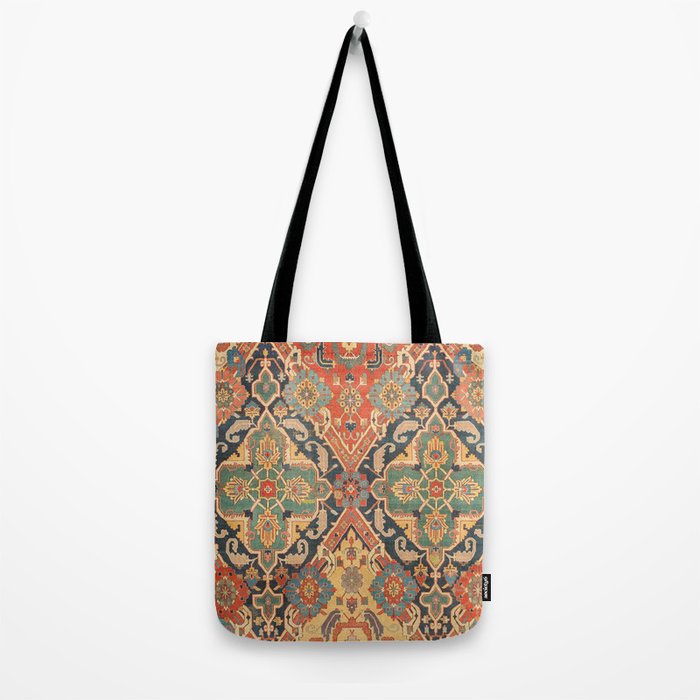 Geometric Leaves VIII // 18th Century Distressed Red Blue Green Colorful Ornate Accent Rug Pattern Tote Bag Gallery Image 2