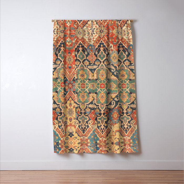 Geometric Leaves VIII // 18th Century Distressed Red Blue Green Colorful Ornate Accent Rug Pattern Window Curtain Gallery Image 3