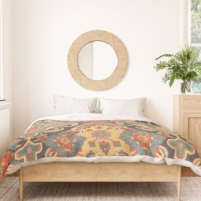 Geometric Leaves VIII // 18th Century Distressed Red Blue Green Colorful Ornate Accent Rug Pattern Duvet Cover Gallery Image 3