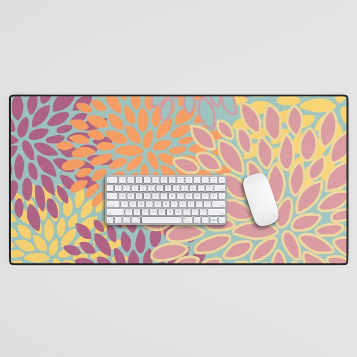 Festive, Floral Prints, Orange, Yellow, Teal and Pink Desk Mat Gallery Image 1
