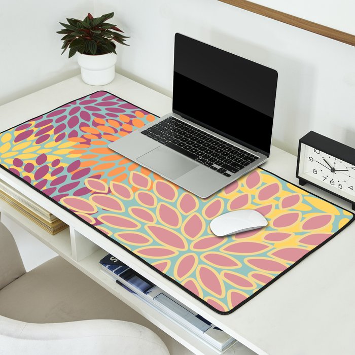 Festive, Floral Prints, Orange, Yellow, Teal and Pink Desk Mat Gallery Image 2