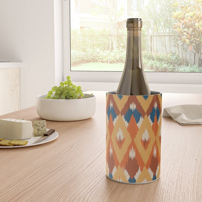 Boho Art, Geometric, Ikat Pattern, Blue, Orange, Yellow Wine Chiller Gallery Image 4