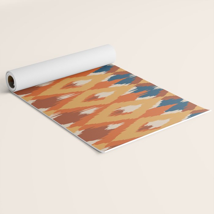 Boho Art, Geometric, Ikat Pattern, Blue, Orange, Yellow Yoga Mat Gallery Image 2