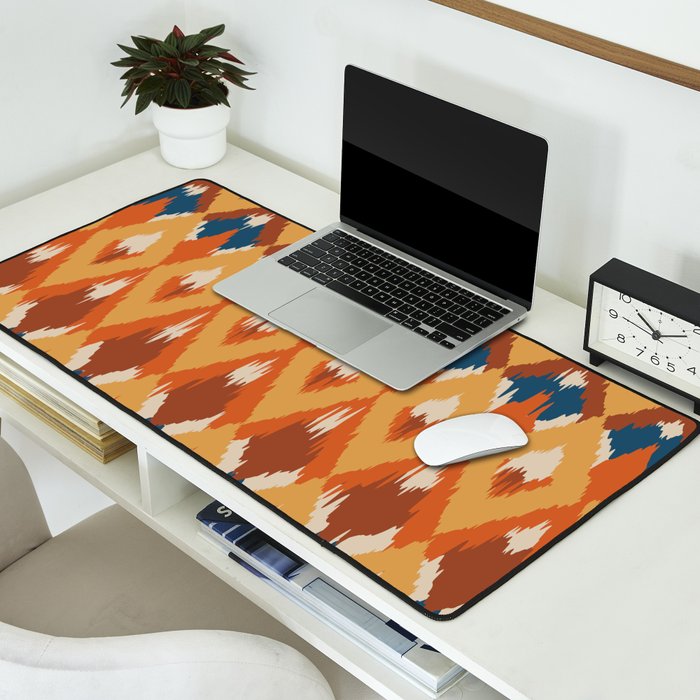 Boho Art, Geometric, Ikat Pattern, Blue, Orange, Yellow Desk Mat Gallery Image 2