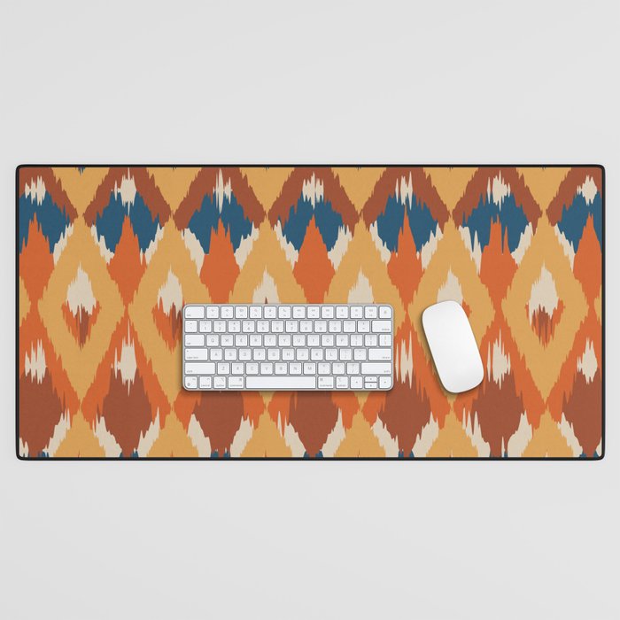 Boho Art, Geometric, Ikat Pattern, Blue, Orange, Yellow Desk Mat Gallery Image 1