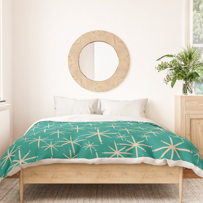 Stella - Retro Atomic Age Starbursts in Midcentury Modern Beige and Turquoise Teal Duvet Cover Gallery Image 3