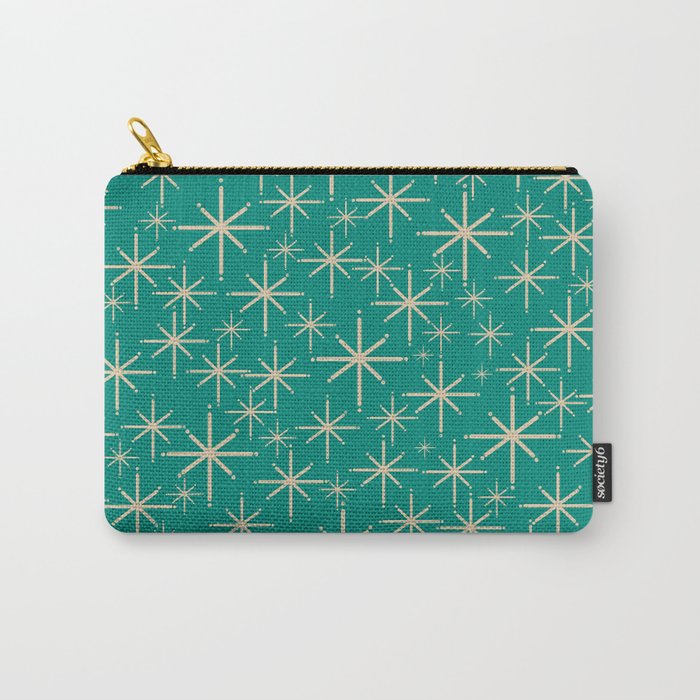 Stella - Retro Atomic Age Starbursts in Midcentury Modern Beige and Turquoise Teal Carry All Pouch Gallery Image 1