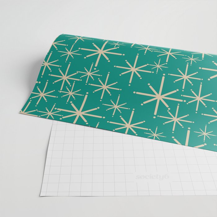 Stella - Retro Atomic Age Starbursts in Midcentury Modern Beige and Turquoise Teal Wrapping Paper Gallery Image 2