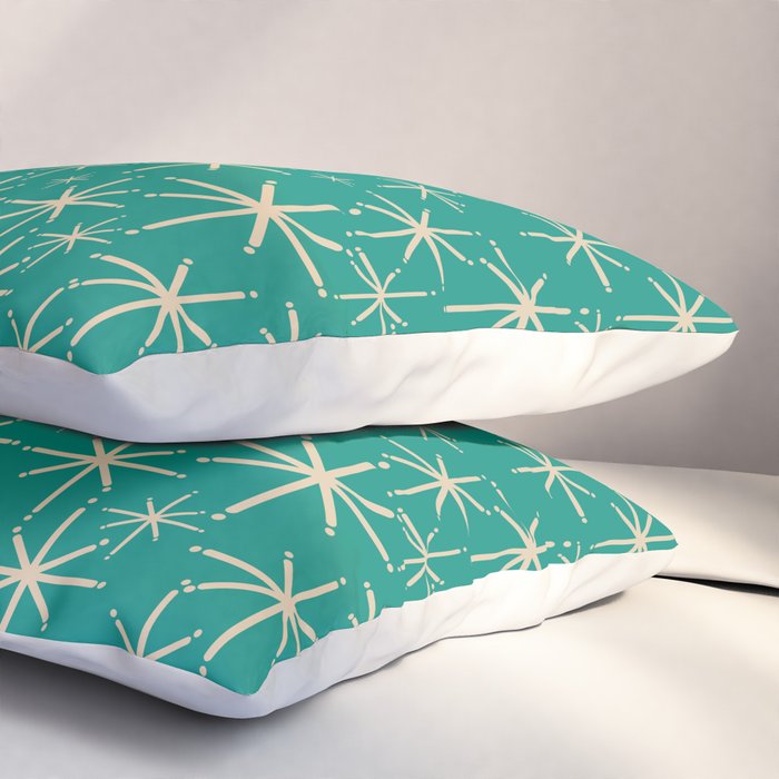 Stella - Retro Atomic Age Starbursts in Midcentury Modern Beige and Turquoise Teal Pillow Sham Gallery Image 3