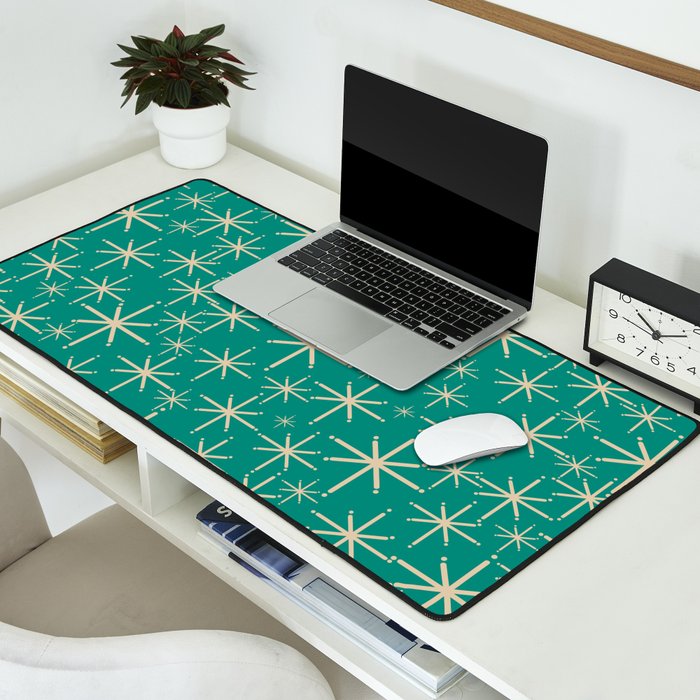 Stella - Retro Atomic Age Starbursts in Midcentury Modern Beige and Turquoise Teal Desk Mat Gallery Image 2