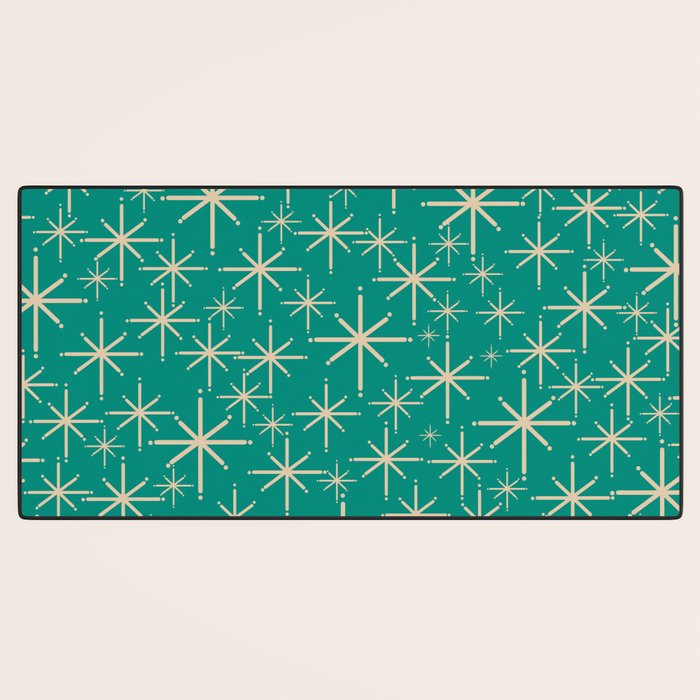 Stella - Retro Atomic Age Starbursts in Midcentury Modern Beige and Turquoise Teal Desk Mat Gallery Image 3