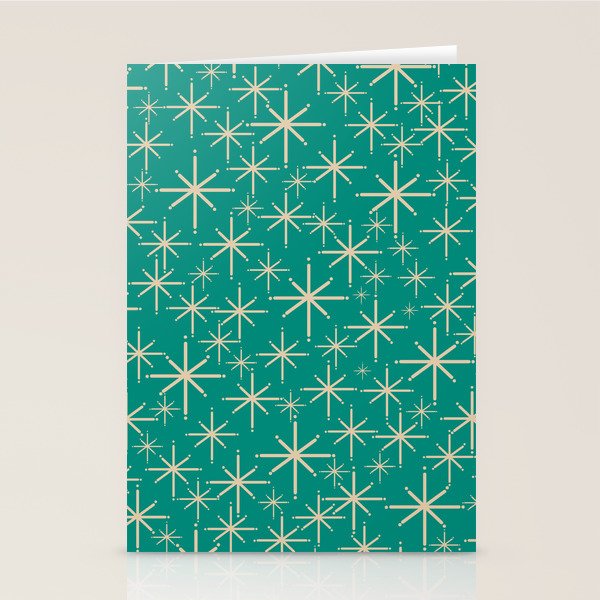 Stella - Retro Atomic Age Starbursts in Midcentury Modern Beige and Turquoise Teal Stationery Card Gallery Image 2