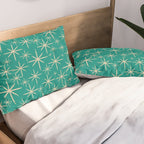 Stella - Retro Atomic Age Starbursts in Midcentury Modern Beige and Turquoise Teal Pillow Sham Gallery Image 2