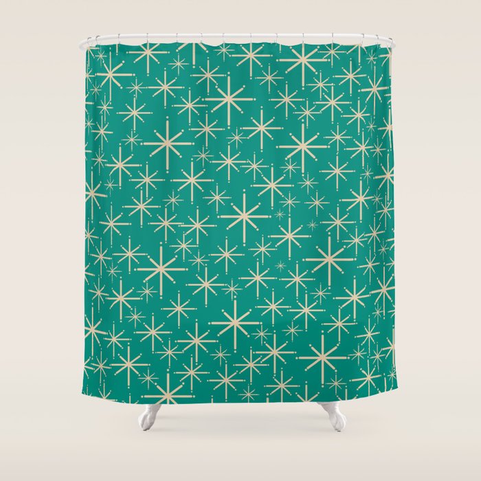 Stella - Retro Atomic Age Starbursts in Midcentury Modern Beige and Turquoise Teal Shower Curtain Gallery Image 1