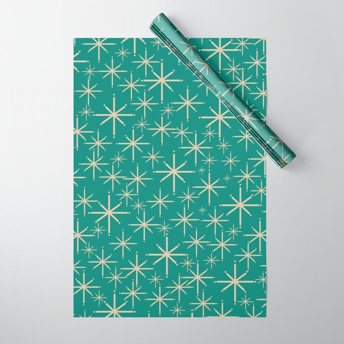 Stella - Retro Atomic Age Starbursts in Midcentury Modern Beige and Turquoise Teal Wrapping Paper Gallery Image 1