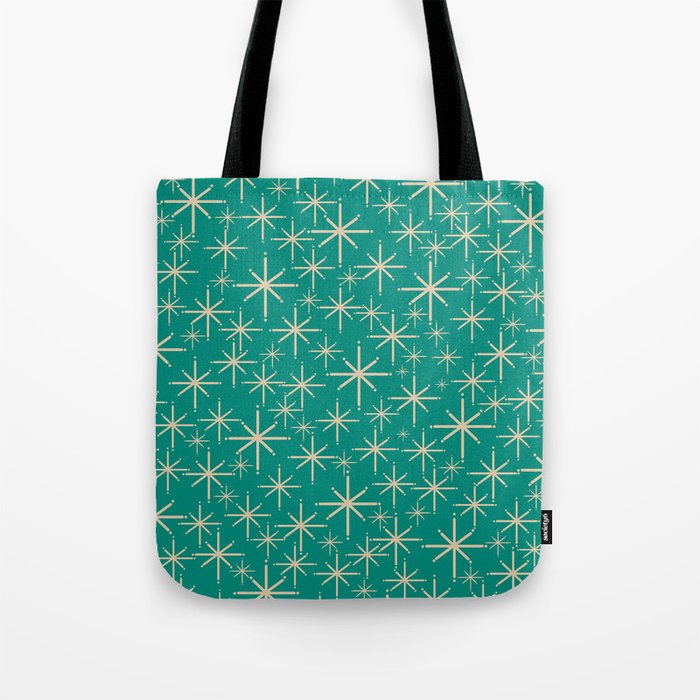Stella - Retro Atomic Age Starbursts in Midcentury Modern Beige and Turquoise Teal Tote Bag Gallery Image 1