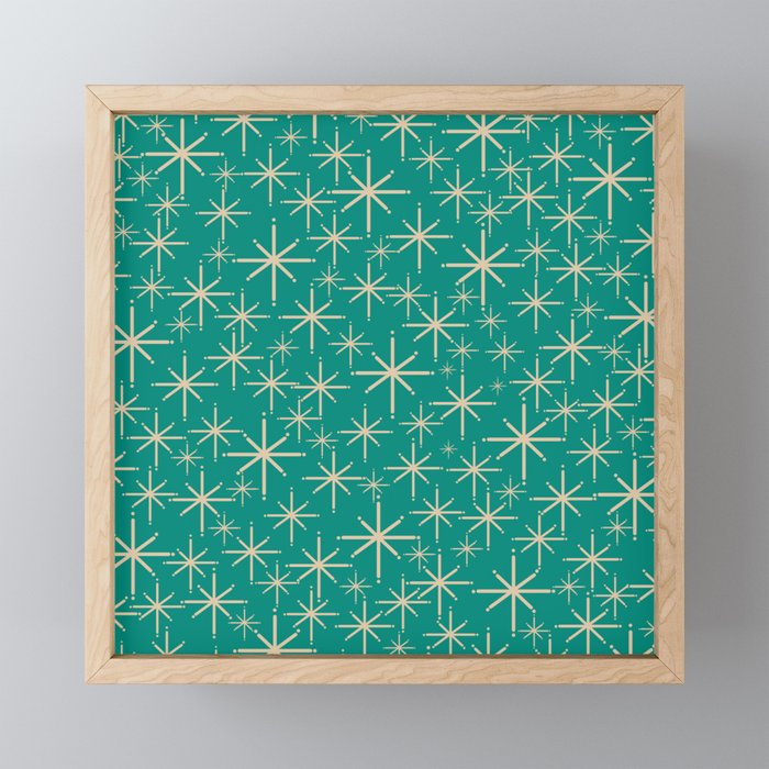 Stella - Retro Atomic Age Starbursts in Midcentury Modern Beige and Turquoise Teal Mini Art Print Gallery Image 1