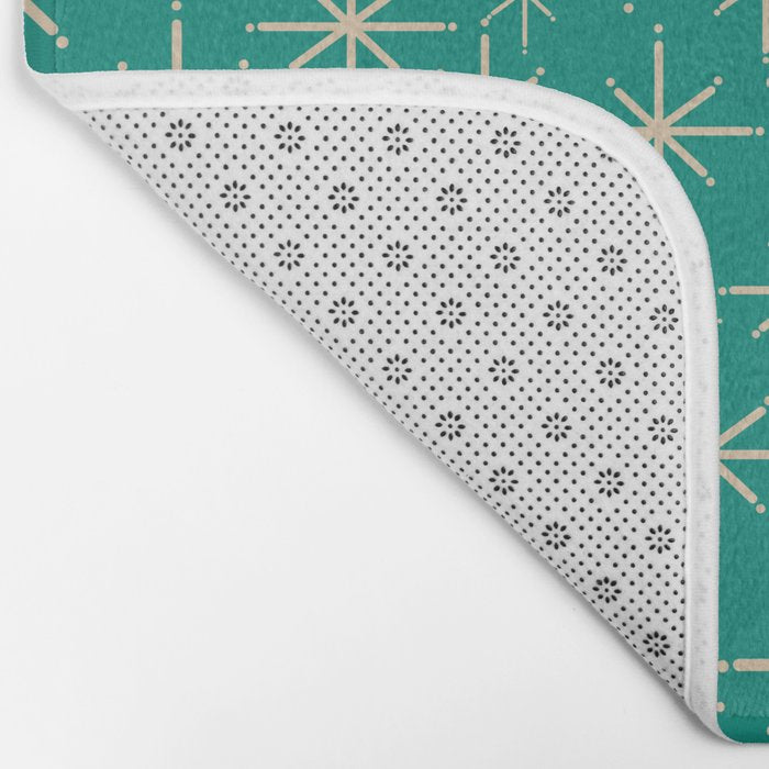 Stella - Retro Atomic Age Starbursts in Midcentury Modern Beige and Turquoise Teal Bath Mat Gallery Image 2