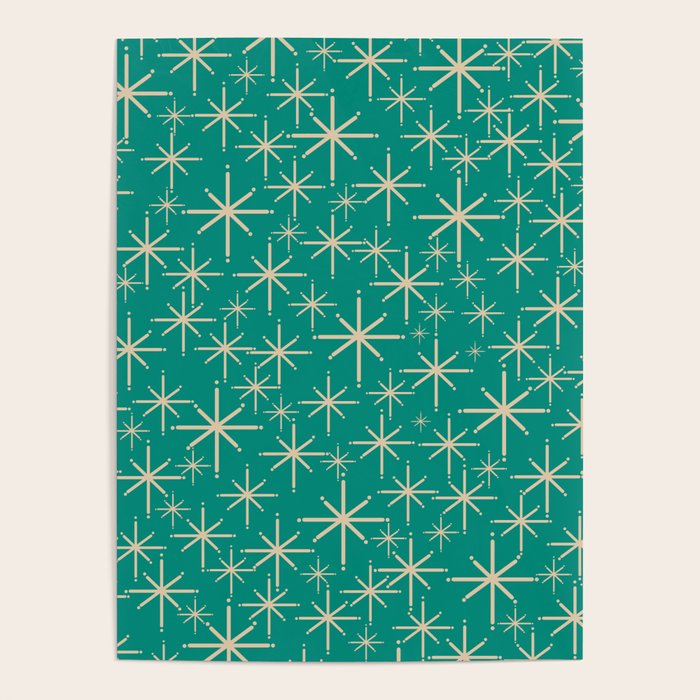 Stella - Retro Atomic Age Starbursts in Midcentury Modern Beige and Turquoise Teal Poster Gallery Image 4