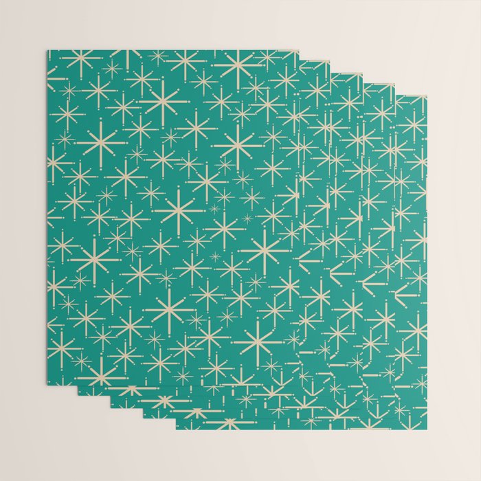 Stella - Retro Atomic Age Starbursts in Midcentury Modern Beige and Turquoise Teal Wrapping Paper Gallery Image 3