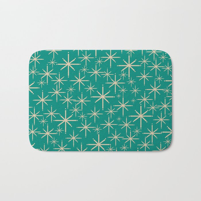 Stella - Retro Atomic Age Starbursts in Midcentury Modern Beige and Turquoise Teal Bath Mat Gallery Image 1