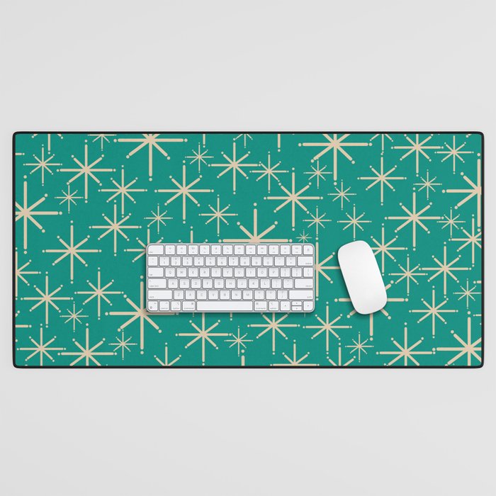 Stella - Retro Atomic Age Starbursts in Midcentury Modern Beige and Turquoise Teal Desk Mat Gallery Image 1