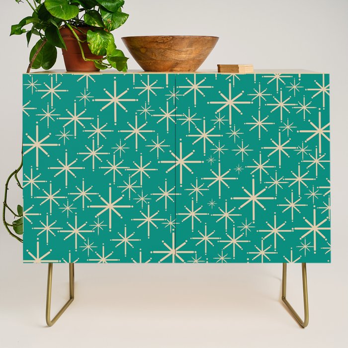 Stella - Retro Atomic Age Starbursts in Midcentury Modern Beige and Turquoise Teal Credenza Gallery Image 1