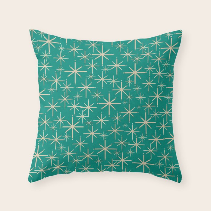 Stella - Retro Atomic Age Starbursts in Midcentury Modern Beige and Turquoise Teal Throw Pillow Gallery Image 6