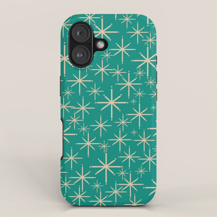 Stella - Retro Atomic Age Starbursts in Midcentury Modern Beige and Turquoise Teal iPhone Case Gallery Image 1